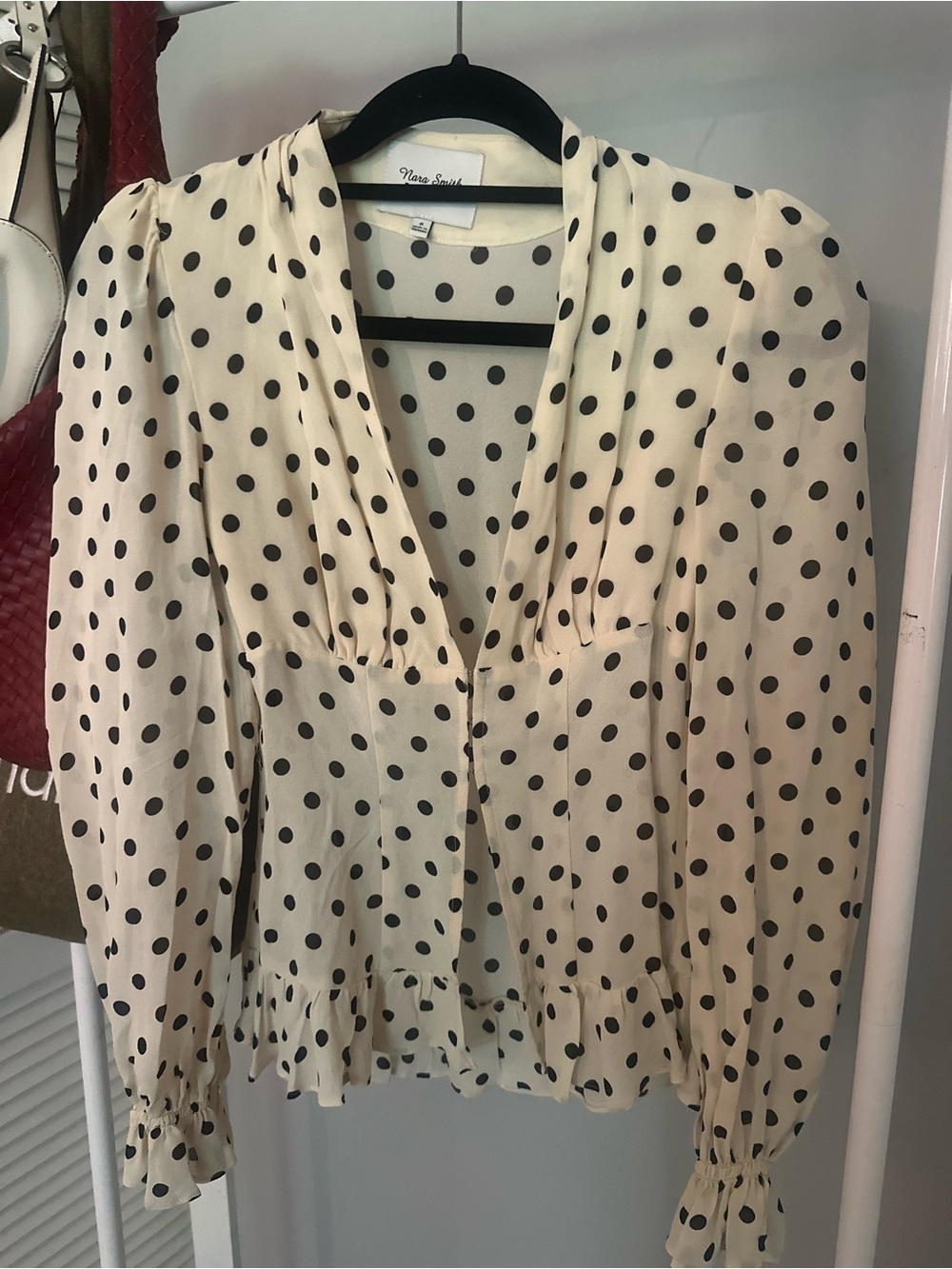 Reformation Cream Blouse with Black Polka Dots